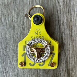 Yellow Cattle Ear Tag Keychain with Bull Design